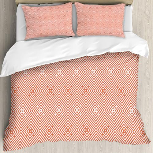 MJNLYDAO Bedding duvet set Reversible soft print set Hypoallergenic glue cover Bedding kit with 2 pillowcases,Burnt Orange,Rhombuses in Bullseye Pattern with Herringbone Zigzag Stripes,152x203cm