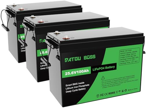 DATOUBOSS Batterie 24V 100Ah LiFePO4, Batterie Lithium 2560Wh avec BMS 100A, Max 15000 Cycles Profonds, Prise en Charge en Connexion série/parallèle, pour Camping-Car,Panneau Solaire,Marine(3 pièces)