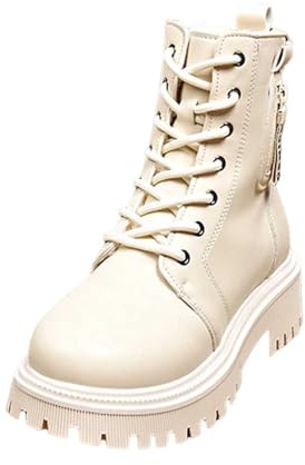 LCpddajlspig Anfibi Donna Platform Stivali Biker con Lacci Fodera in Pile Stivaletti in Pelle Punta Rotonda Tinta Unita Boots Termica Morbidi per Autunno Invernali Bianco 35