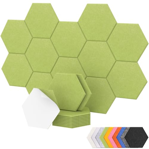 Hexagon Akustikpaneele selbstklebend 12 Stücke, TONOR Schallabsorber Schallschutz mit Hochdichte Wandfliesen Schalldämmung 30x26x1cm für Studio, Büro, Akustische Behandlung und Wanddekoration, Grün