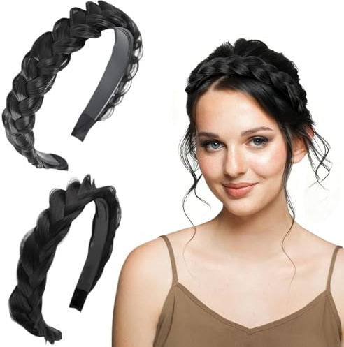Serre Tete Tresse Femme, 2 Pièces Bandeaux Tressés Haute Élasticité, Serre Tête avec Tresse pour Filles et Femmes Accessoire de Mode (Noir)