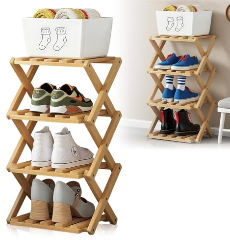 DHSWNNG Vertikales Schuhregal klein, 4 Ebenen Tragbare Holz Schuhregale 54x26cm Bambus Faltbare Schuhe Veranstalter Ohne Installation freistehendes Schuhregal Schmal für Eingang Korridore Räume
