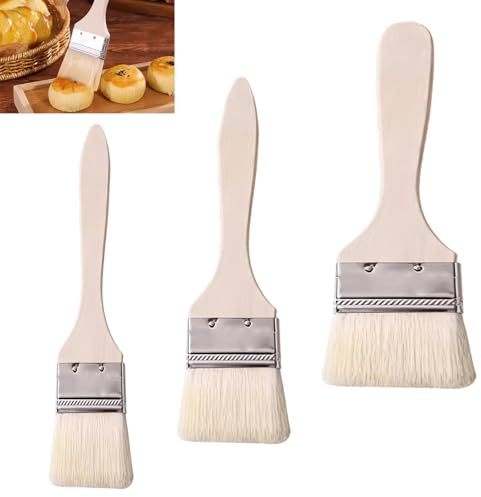 3 Piezas Juego de Pinceles Repostería Clásicos, Pincel Cocina Cerdas Naturales, para Pasteles, Parrilla, Aceite, Mantequilla y Huevos, Disponible 3 tamaños: 16 x 4,4 cm, 17 x 3,5 cm y 17 x 2,4 cm