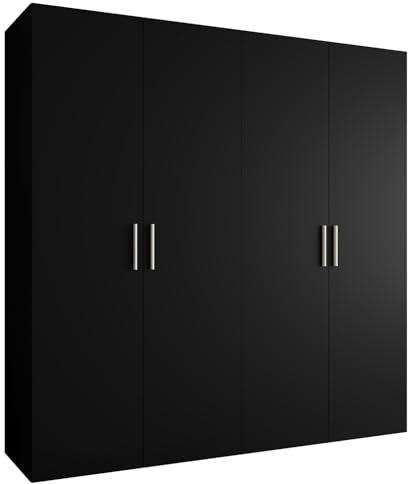 MEBLE KRYSPOL - Kleiderschrank - Garderobenschrank - 200 cm x 202 x 52 cm - Schrank mit Kleiderstange, 4 Türen - für Schlafzimmer, Flur - BARI, Schwarz, Griff Silber