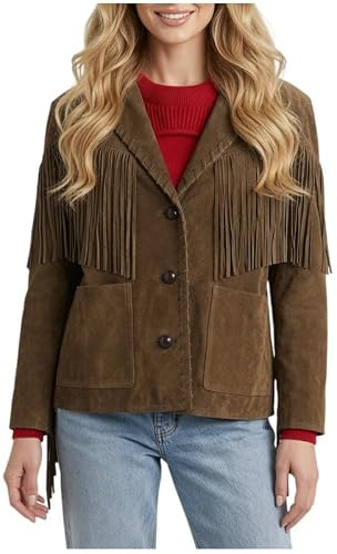 MAXDUD Dam retro fransad mockajacka brun västerländsk stil damer boho tofs läder ytterkläder trendig fransjacka, Mörk olivgrön – fuskmocka läder, L