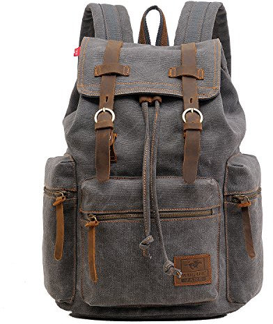 AUGUR Retro Segeltuch Rucksack, Canvas Vintage Rucksack Lederrucksack Herren Damen Laptop Daypack Schulrucksack (Large Grau)
