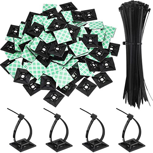 Hicarer 200 Stück schwarze Kabelbinder-Kleberhalterungen, 100 selbstklebende Kabelbinder und 100 Kabelbasishalter, Wraps Drahthalter-Set für Zuhause, Büro, Garage und Werkstatt