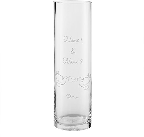 Herz & Heim® Glasvase XXL - Tauben - zur Hochzeit mit Gratis Gravur der Namen und des Hochzeitsdatums