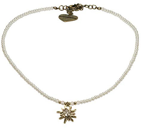 Alpenflüstern Filigran Perlen-Trachtenkette Strass-Edelweiß - Damen-Trachtenschmuck mit antik-gold-farbenem Edelweiss, Dirndlkette in traditionellen Farben DHK181 (creme-weiß)