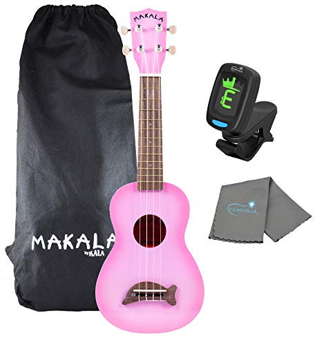 Kala Makala Burst Dolphin Sopran-Ukulele Bundle mit Kala-Stimmgerät und Lumintrail-Poliertuch Pink Burst