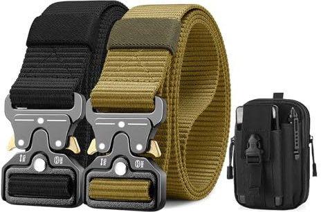 BESTKEE 2er Taktischer Gürtel, 3.8cm Gürtel Herren, Hochleistungsgürtel mit Schnellverschluss-Metallschnalle, Militär Wandern Arbeitgürtel, Geschenk mit Taktischem Molle-Beutel