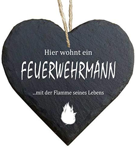 Herz Schieferherz Schiefer Schieferschild 10 x 10 cm Hier wohnt EIN Feuerwehrmann mit der Flamme seines Lebens schwarz Dekoschild Wandschild Schild Stein Geschenk
