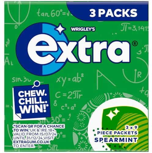 Extra Chewing Gum, Sugar Free, Spearmint Flavour, Pack of 3 x 9 Pieces (Packing May Vary)