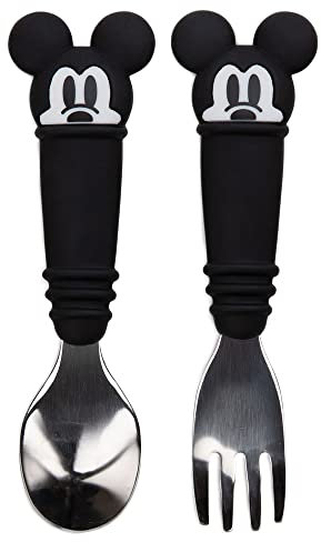 Bumkins Utensils, Disney Silicone and Stainless Steel Baby Fork and Spoon Set, Toddler Silverware, Self Feeding – Mickey Mouse