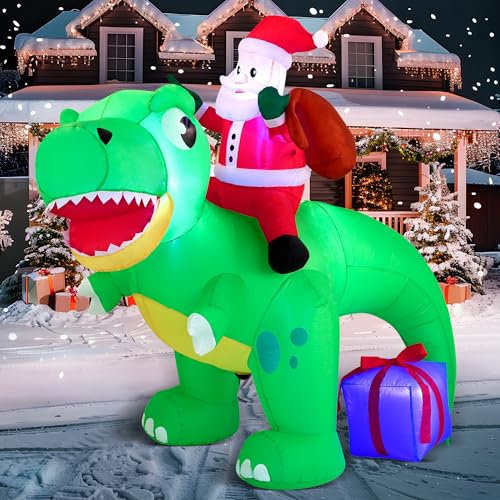 Joiedomi 6 FT Christmas Inflatable Dinosaur with Build-in LEDs, Blow Up Dinosaur with Santa for Christmas Inflatable Outdoor Decoration Xmas Party, Outdoor, Yard, Winter Décor