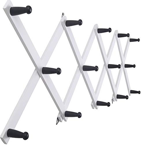 SKOLOO Porte-chapeaux mural avec 14 crochets, en bois massif, moderne, extensible, pour manteaux, chapeaux, sacs, casquettes de baseball, noir sur blanc