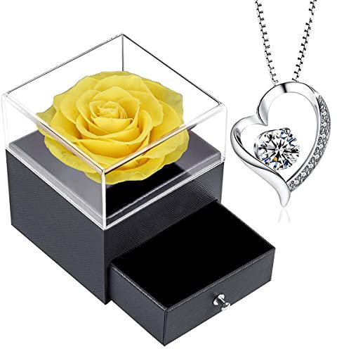 SWEETIME Infinity Rosen Gelbe Rose mit Kette, Geschenkbox mit 925er Sterling Silber Damen Halskette, Geschenke für Frauen zum Valentinstag Muttertag Geburtstag.