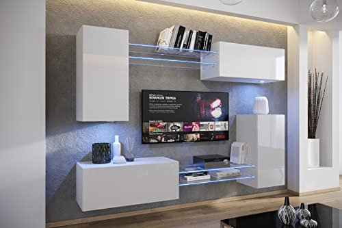 Furnitech Wohnwand Wohnzimmer | Wohnzimmer Möbel mit LED Weiß | Hängend Wohnwand Modern | Wohnzimmer Schrankwand mit Regale und TV Schrank (AN57N-21W-HG2-1B)