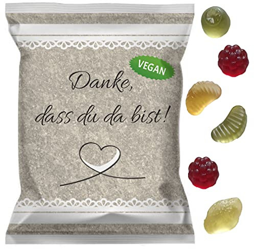 25 Päckchen Vegane Fruchtgummi-Früchtemix, Gummibärchen Gastgeschenke Hochzeit - Danke, dass du da bist - Geburtstag - Konfirmation - Kommunion - Einschulung - Taufe (25 Stück, Vegan)