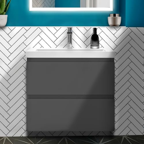 HAPAOSO Waschbecken mit Unterschrank Badezimmer 60 cm Breit Badmöbel Set mit Waschbecken und 2 Soft-Close Schubladen Waschtisch Unterschrank Grau für Badezimmer Hängend