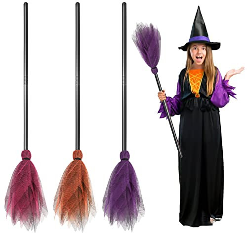 Escoba de bruja de Halloween, 3 piezas para niños, accesorios de disfraz de bruja para cosplay, palo de escoba de plástico realista para decoración de fiesta de Halloween