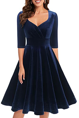 Bbonlinedress Robe Femme Chic et Elegant de Soirée Noël Hiver Midi pour Mariage Réveillon Nouvel an Cocktail Bal Promo Col en V Manches Longue V-Navy S