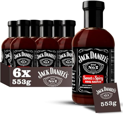 Jack Daniel's Sweet & Spicy BBQ Sauce, Gluten Free, Delicious Marinade, Barbecue Dipping No Preservatives, Pack of 6 x 553g, Sauce Bottle (Multipack)