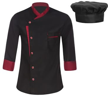 Freebily Herren Damen Kochjacke Chef Set Küchen Koch Jacke Mütze Gastromütze Set Restaurant Hotel Cafe Arbeitskleidung Uniform A_Schwarz XXL