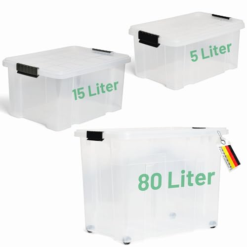 Novaliv 5 tlg Sparset Aufbewahrungsboxen mit Deckel Transparent 1x80 L + 1x 55L + 1x 28L Nestbar stapelbar Clipverschluss Rollboxen BPA-frei
