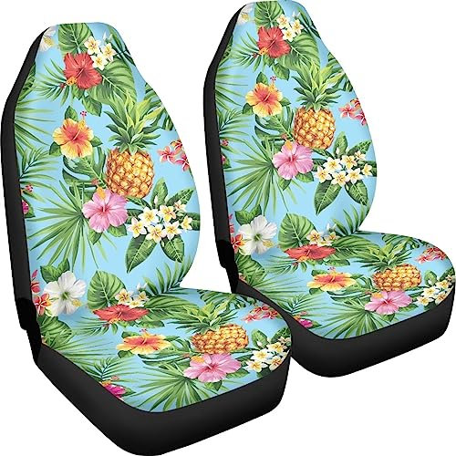 Poceacles Autositzbezüge mit Ananas-Hibiskusblütendruck, 2 Stück, universeller Auto-Vordersitzschutz, passend für Auto, SUV, Limousine, LKW, Autositzbezüge