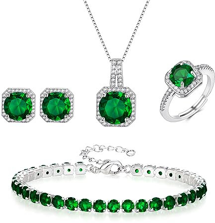 EVER FAITH Hochzeit Quadrat Cubic Zirkonia Schmuck Sets für Braut Brautjungfer, Glamour Anhänger Halskette Ohrringe Tennis Armband Offene Ring für Damen Grün Silber-Ton