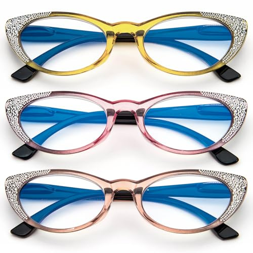 KoKoBin 3er-Pack Katzenaugen-Lesebrille für Frauen modische blaues Licht blockierende Lesebrillen für den Computer Rahmen mit Federscharnier (3er-Pack, 2, Dioptrien)