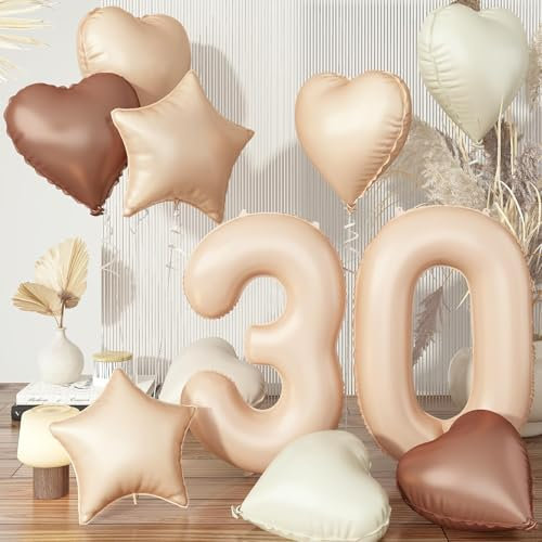 30 Luftballon Zahl Beige Set, Aprikose 30. Geburtstag Ballons Deko für Frau, Neutraler Creme Kaffee Nude Herzballons Helium Braun Stern Folienballon für 30 Geburtstagsdeko Jubiläum Party Dekoration