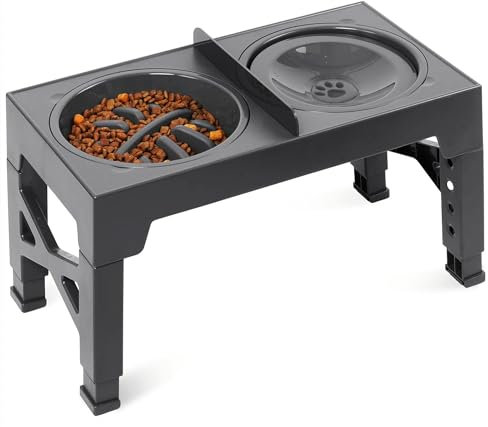 Gamelles Surélevées de 4 Hauteurs Ajustables, Support avec Gamelle Anti-Glouton et Gamelle INOX pour Chiens de Grande Taille, Moyennes et Petites