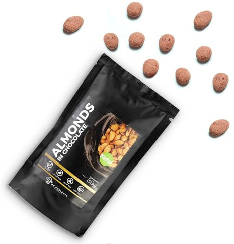 Amandes Émondées Enrobées de Chocolat Dessert - Friandises Mr Fudgesto - Délice Premium - Sans Sucre Ajouté - En-Cas Sain - Fruits à Coque et Fruits Enrobés de Cacao - Boîte de 80g