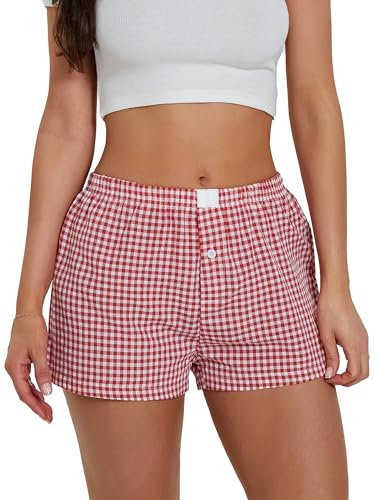 Achlibe Short de pyjama pour femme - Taille élastique - Boxer à carreaux - Y2k - Vichy, A-B-rouge., XL