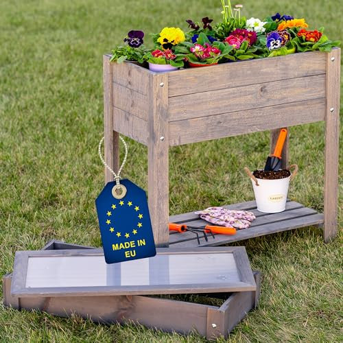 ITA Carré Potager surélevé en Bois - Mini Serre Châssis Incluse - Jardinière avec Plateau sur Pied avec Feuille de Protection - pour Fleurs, Légume, Herbes - Gris
