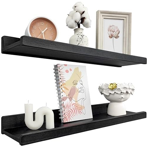 Handgearbeitet Wandregal Schwarz 60 cm, Regal Wand Holz 2er-Set, Hängeregal Wandhalterung Regalbrett, Modern Schweberegal, Schmales Bilderleiste für Badezimmer, Wohnzimmer, Küche, Schlafzimmer