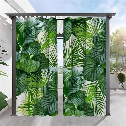 SYHIEGO Blatt Outdoorvorhänge Wetterfest Grün Outdoor Vorhänge Wasserdicht Balkon Vorhang Außen 2er Set Outdoor Vorhang mit Ösen Outdoor Gardinen für Pavillon Terrasse, 155x240cm