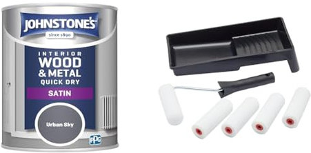 Johnstone's 307076 One Coat Satin Urban Sky, 750 ml & Fit For The Job 7 pc Foam Mini Paint Roller Set for Painting with Gloss & Satin, Small Roller and Tray