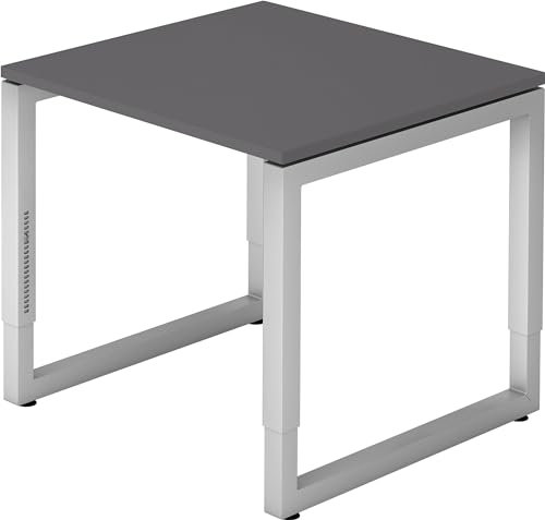 bümö höhenverstellbarer Schreibtisch R-Serie 80x80 cm in Graphit, Gestell in Silber - PC Tisch klein für's Büro manuell höhenverstellbar, Computertisch verstellbar