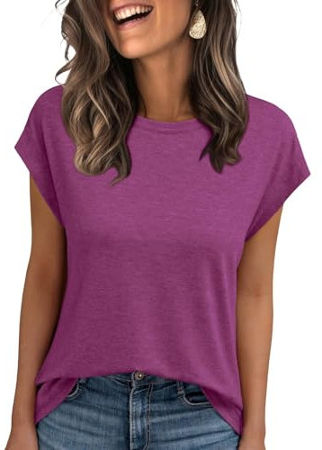 AirMood Lässiges Basic-T-Shirt für Damen, elegant, lockere Passform, Rundhalsausschnitt, Flügelärmel, violett, Large