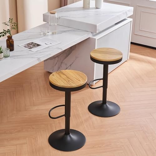 YOUNIKE Barhocker 2er Set Holz Barstuhl Hoher Barhocker Metallrahmen 360° höhenverstellbar drehbar mit Fußstütze Industriell Schwarz
