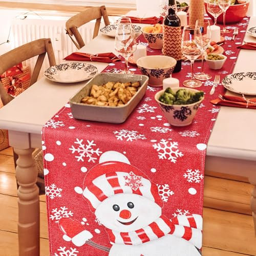 Weihnachten Tischläufer 35 x 240 cm, Tischläufer Abwaschbar Modern Winter Küche Tisch Dekoration drinnen und draußen Weihnachten Urlaub Party Dekor (Schneemann Cotton 35*240)