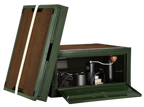 Navaris Camping Storage Box, Green, Set of 2-35L Foldable Bin with Pine Wood Lid - Collapsible Folding Crate - Easy to Disassemble Plastic Storage Crates - Stackable with Wheels