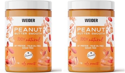 Weider - Peanut Butter Smooth 100% natural, no added sugars, suitable for vegans, without palm oil, 1 kg [packaging may vary] (Pack of 2)