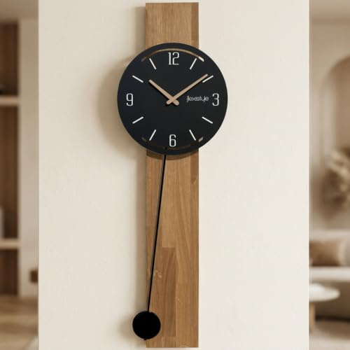FLEXISTYLE Wanduhr groß ohne tickgeräusche Naturale modern Holz XXL Eiche Badezimmer Wohnzimmer mit pendel (Eiche, Schwarz)
