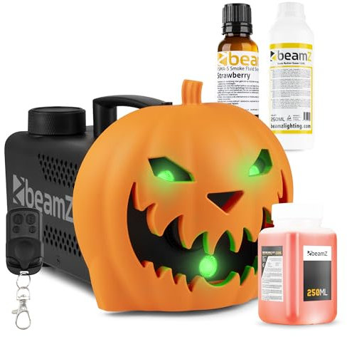 BeamZ S553L Nebelmaschine Halloween Deko mit LED Kürbis Kopf, 550 Watt Rauchmaschine mit Erdbeer Fluid und Reinigungsflüssigkeit, 2-in-1 mit Halloween Kürbis Deko 16 Farben, Soundeffekt