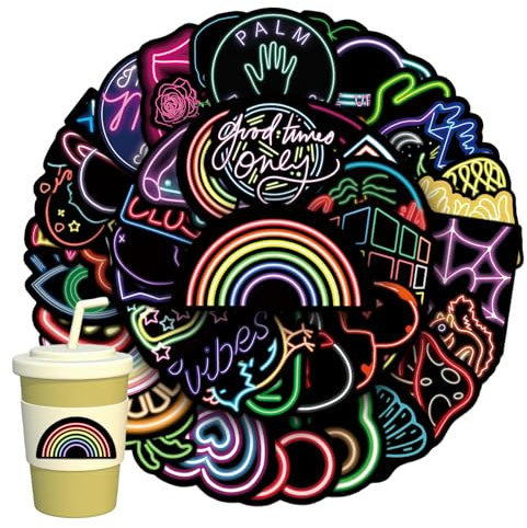 50 Stück Neon Aufkleber Set, Wasserfeste Vinyl Coole Graffiti Sticker, Vintage Aesthetic Kinder Aufkleber für Laptop Handy Skateboards Gitarren Koffer Motorrad Auto Fahrrad etc