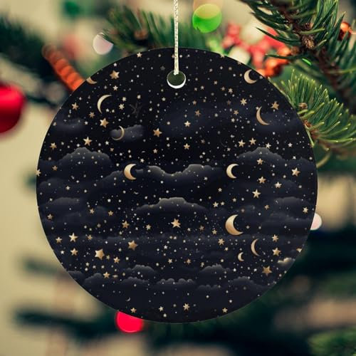 Sterne und Mond auf dunklem Hintergrund Weihnachtsschmuck Keramik Weihnachtsbaum Hängende Dekorationen Runder Xmas Anhänger für Weihnachtsdekorationen 2024 Christbaumschmuck Geschenke